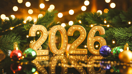A scene featuring the year 2026 in bold, golden 3D letters with a sparkling, reflective surface. Happy New Year, Happy New Year 2026, Merry Christmas And Happy New Year
