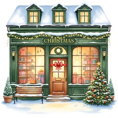 Charming green christmas shop decorated for the holidays with snow and tree
