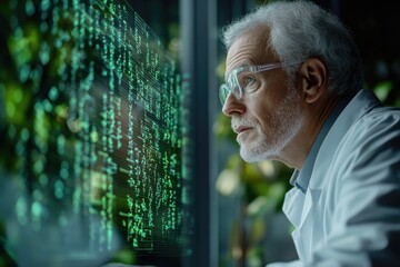 Elderly scientist studies complex green code on a transparent display, delving into advanced data, AI, or biological research.