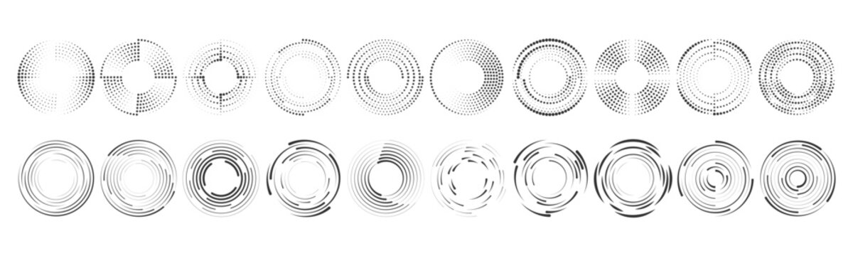 Circular motion lines set. Radial speed burst shapes symbolizing movement, power, and technology. Vector isolated design for branding, frame, or futuristic background.