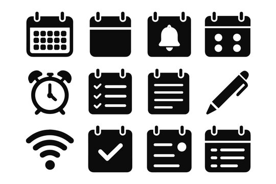 Calendar bell date slots vector blocks mark clock display notification ai icon