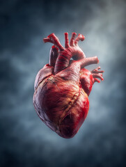 Detailed anatomical rendering of the human heart highlighting veins and arteries against a blurred smoky background for medical and educational use
