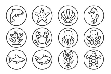 Marine Life Icons. Line style round vector icons of Marine Life: Dolphin, Starfish, Seashell, Seahorse; Coral, Crab, Jellyfish,