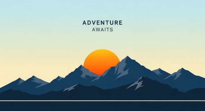 A minimalist illustration of a sunrise behind mountain peaks with the phrase “Adventure Awaits,” inspiring exploration, new journeys, and the excitement of discovering the beauty of nature and the out
