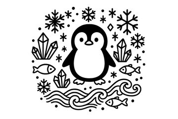 Fototapeta premium Penguin Winter Wonderland. Penguin in the center with snowflakes, ice crystals, fish, and waves forming a circular decorative