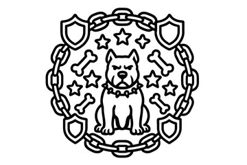 Guard Dog Mandala. Guard dog in the center with shields, stars, bones, and chains arranged in a strong mandala symmetry, black and