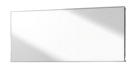 A rectangular white board with a metallic frame against a black background in a studio setting