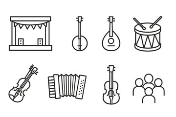 Festival Folk Icons. Line style icons of Festival Folk: Stage, Banjo, Mandolin, Drum, Violin, Accordion, Guitar, Crowd, No text,