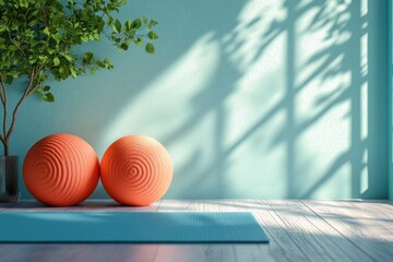 Yoga space with orange exercise balls beside a mat and potted plant in a bright room