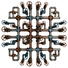 A complex arrangement of metallic pipes and valves in various colors, including copper and blue, set against a transparent background.