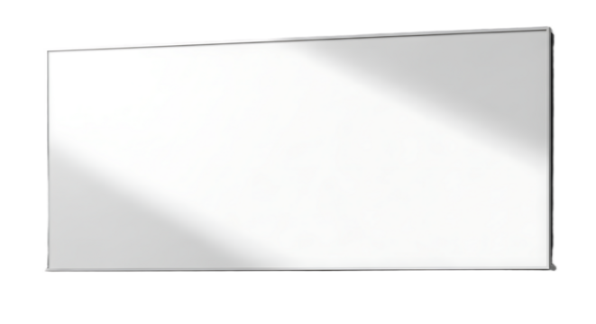 A rectangular white board with a metallic frame against a black background in a studio setting