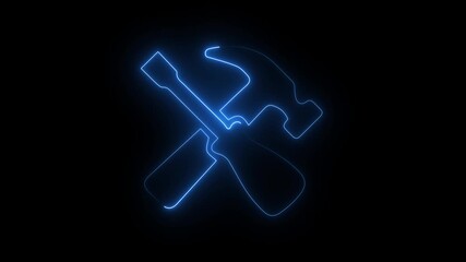 Neon blue glowing hammer and screwdriver crossed icon — futuristic tools, repair, maintenance, and construction concept symbol animation on a black background. - Powered by Adobe