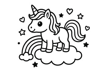 Unicorn Cloud Fantasy. A little unicorn standing on a cloud with rainbows, stars, and hearts around, black and white line art,