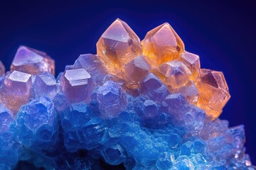 A vibrant cluster of glowing orange, purple, and blue crystals against a deep blue background, showcasing intricate mineral formations and mesmerizing colors.