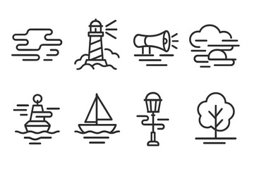 Line Style Fog Icons. Line style icons of Fog: Dense Mist, Lighthouse, Foghorn, Hidden Object, Buoy, Sailboat, Street Lamp, Tree