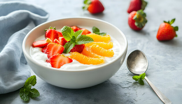 White plain greek yogurt with fresh strawberries and orange fruit