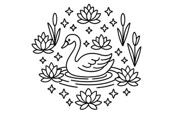 Fototapeta premium Swan Mandala Coloring Page. Swan in the middle with water ripples, lilies, reeds, and stars forming an elegant mandala composition