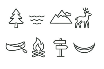 Fototapeta premium Nature Line Icons. Line style icons of Cabin surroundings: pine tree, lake, mountain, deer, canoe, campfire, trail sign, hammock,