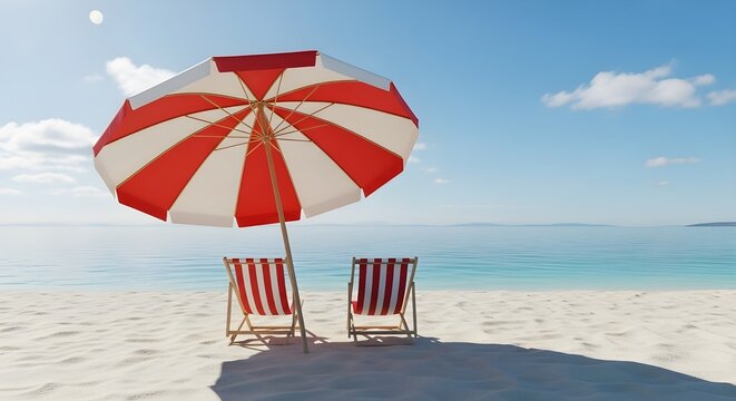 Two red and white striped beach chairs under a matching umbrella on a white sand beach with a clear blue sky and ocean in the background