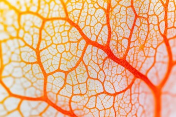 Close-up of a delicate, vibrant orange and red leaf skeleton showcasing its intricate, natural vein network against a white background.