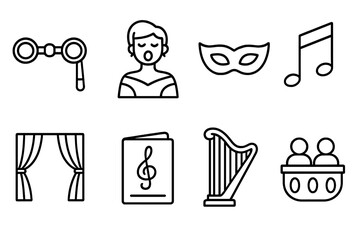 Opera Icon Line Art. Line style icons of Opera: Opera Glasses, Singer, Mask, Music Note, Curtain, Program, Harp, Balcony, No text,