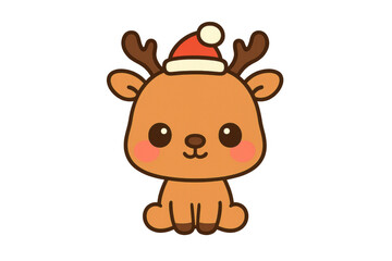 Fototapeta premium Cute cartoon reindeer wearing a red santa hat and smiling, isolated on transparent background for festive holiday designs