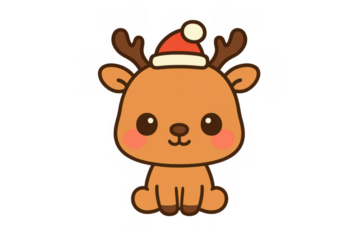 Cute cartoon reindeer wearing a red santa hat and smiling, isolated on transparent background for festive holiday designs