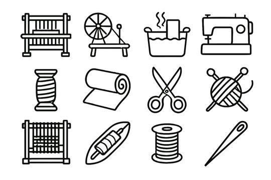 Vector icon frame roll bobbin icons machine loom production textile knitting dye