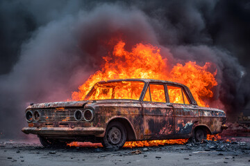 Vintage car engulfed in intense flames and thick smoke during a severe fire on an urban street with charred debris scattered around the scene