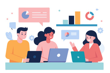 Team collaboration meeting with laptops and charts silhouette isolated on white background