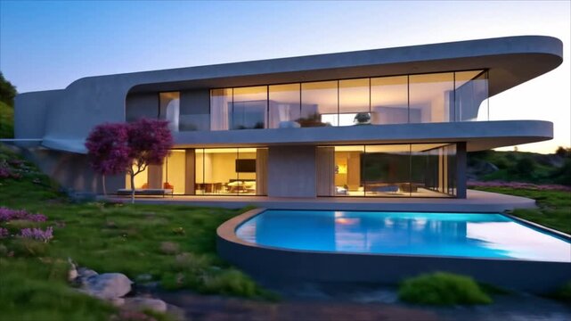 Modern house with a curved roof and expansive windows overlooking a pool in a scenic landscape
