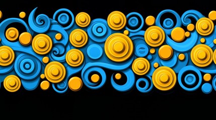 Blue and yellow design of circles and swirls. The circles are of different sizes and colors, and the design is very abstract