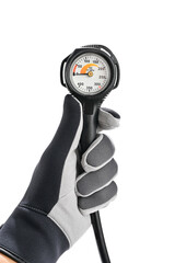 Pressure gauge on diver's hand    