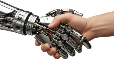 A close up of a human hand shaking hands with a metallic robot hand on a transparent background