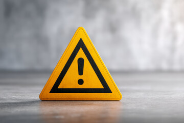 Yellow triangular warning sign with black exclamation mark symbol placed on smooth concrete surface to indicate caution or alert in industrial or safety contexts