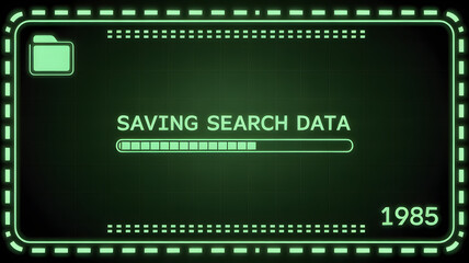 Saving search data on a green screen with a progress bar and the year nineteen eighty five displayed
