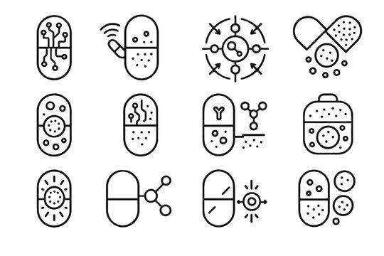 Smart biomedical vector particle drug enzyme modern nanocapsule icon capsule icons microcapsule