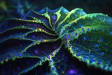 A mesmerizing fractal pattern glows with vibrant blue, green, and purple hues, featuring intricate interconnected lines and organic, spiraling shapes. Abstract bioluminescent art.