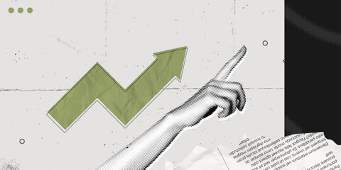 Trendy Halftone Collage Business and investment growth concept. Hand holding up arrow. Invest strategy. Interest rate. Successful development. Retro vintage vector illustration art