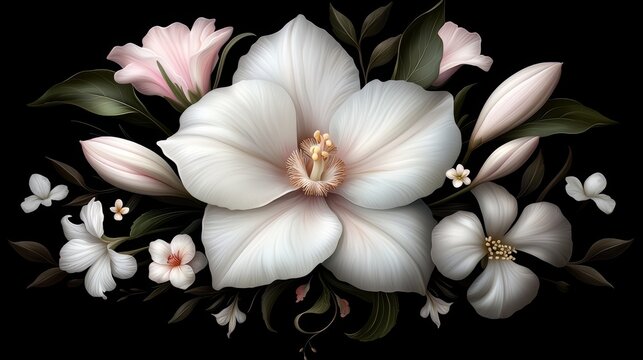 Bouquet of white flowers with a black background. The flowers are arranged in a way that they look like they are blooming - Powered by Adobe