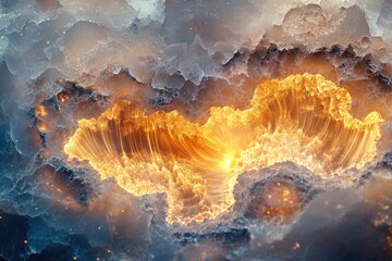 A mesmerizing abstract depiction of fiery, turbulent energy erupting through cool, swirling cosmic clouds, illuminated by brilliant light and sparkling particles.
