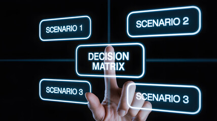 A finger touching a decision matrix button surrounded by scenario options on a digital interface