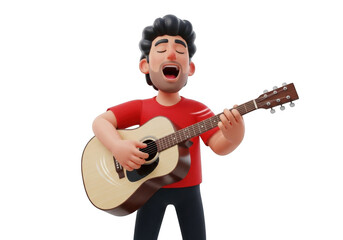 Obraz premium Cartoon musician singing guitar isolated on transparent background