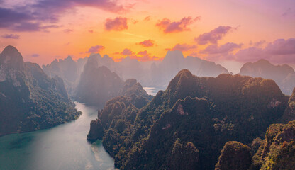 Aerial view sunset panorama landscape Cheow Lan lake at Khao Sok national park, Thailand.