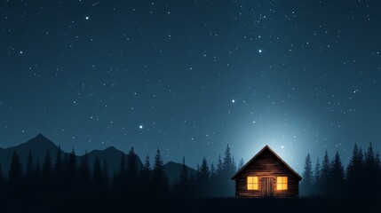 Cabin is lit up in the dark with a bright light shining through the window. The scene is peaceful and serene, with the stars twinkling in the background