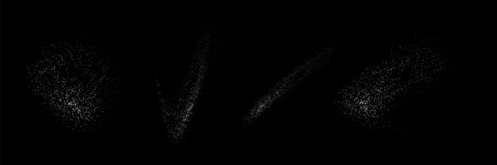 Set of white micro dust isolated on black background. Crushed little granules of flour or sand. Backdrop with sugar crystal powder. Falling salt crystals. Noise particles. Grunge grain texture.