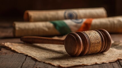 Fototapeta premium Elegant Wooden Gavel with Legal Scrolls and Indian Flag in HDR Photorealism