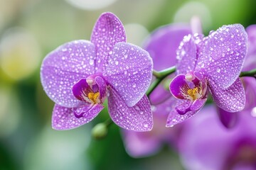 Vibrant purple orchids, covered in delicate water droplets, showcase intricate petals. Rich colors beautifully captured against a soft green backdrop.