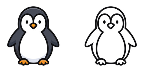Fototapeta premium Cute cartoon penguin illustration and outline on white background black and white