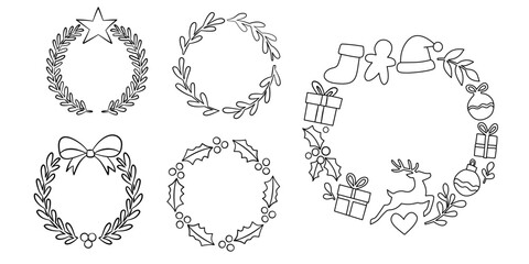 Christmas Wreaths Collection | Cute Holiday Wreath Line Art Vector Illustration